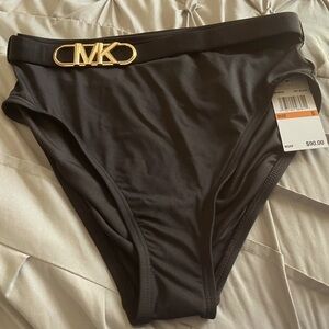 NWT- Michael Kors Black Bikini Bottoms with Gold Detail Logo belt . Size small
